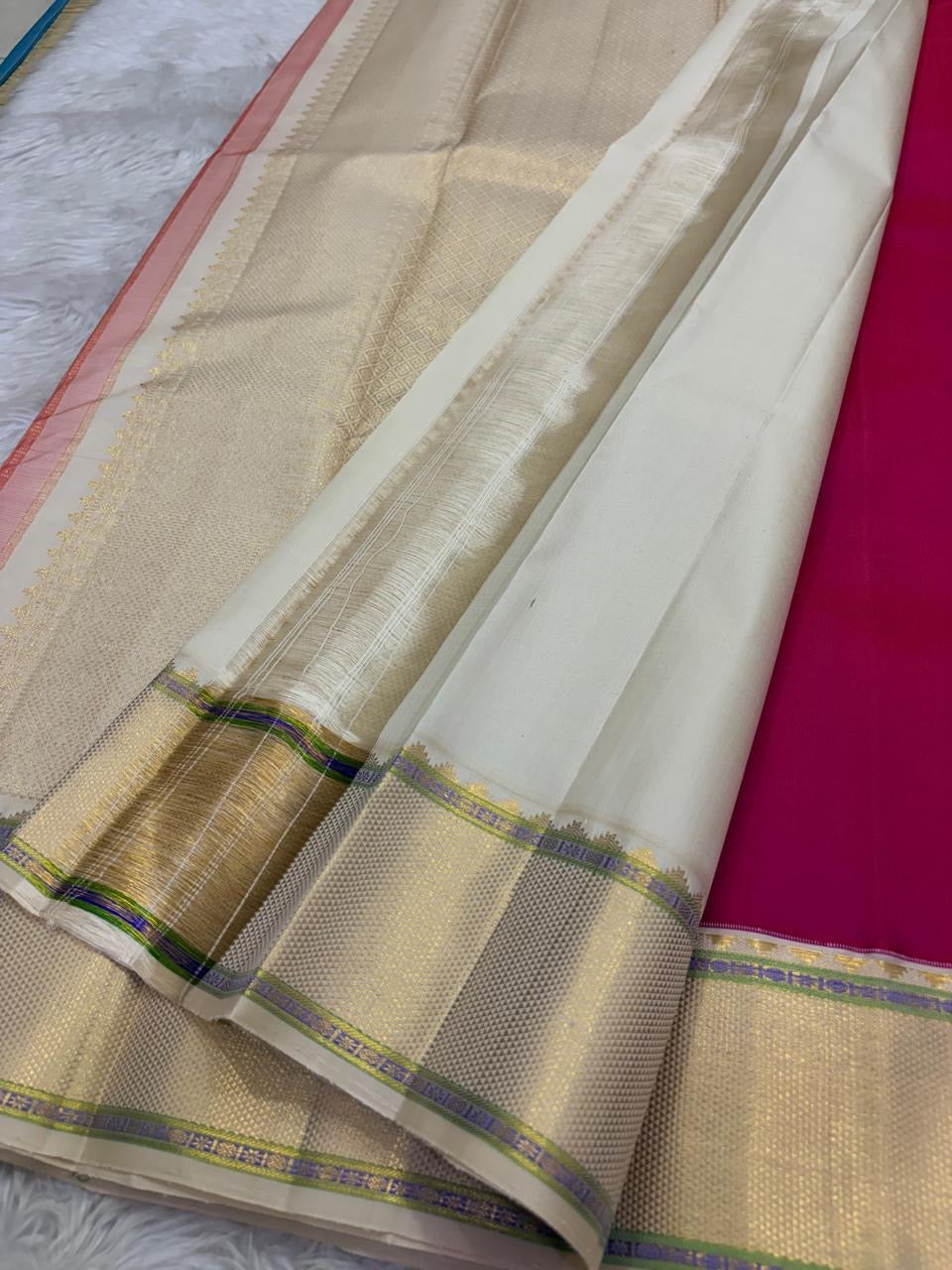 Raspberry Magenta and Warm Ivory Gold Butta handwoven pure silk Kanchipuram saree, view 3 | Idam Living