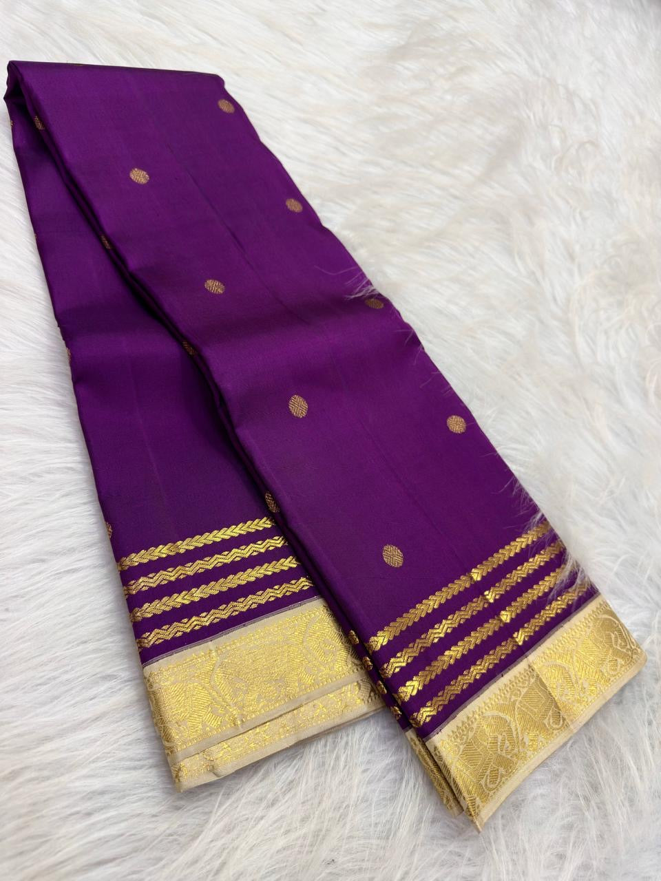 Royal Violet pure silk Kanchipuram Rettapet saree, body view showing the silk and ornamental weave