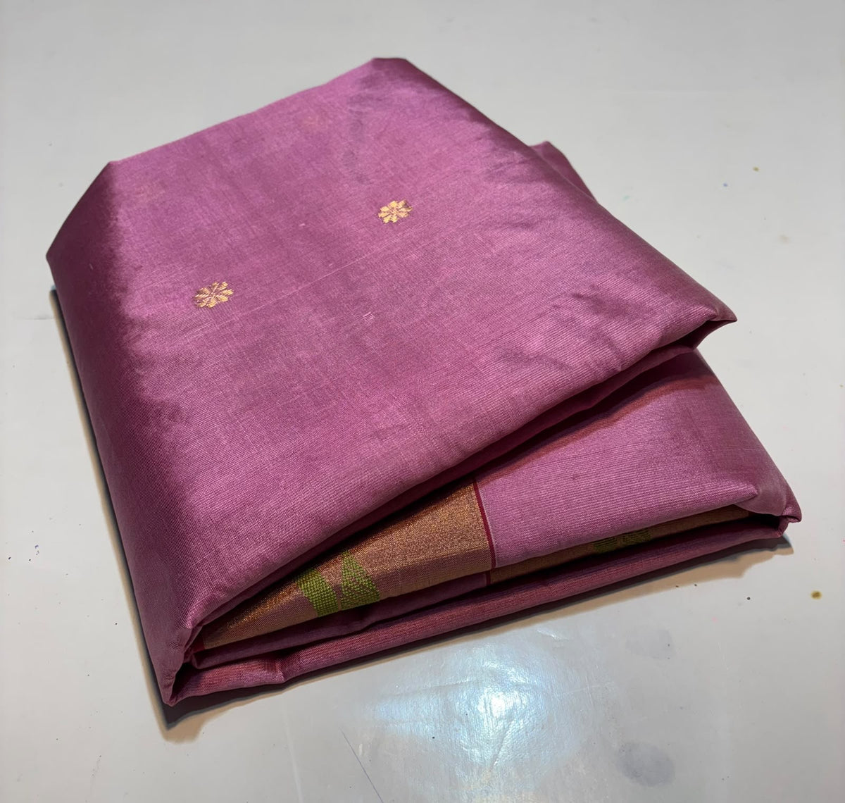 Rose Pink Gold Border Pattu Silk Chanderi saree, border detail