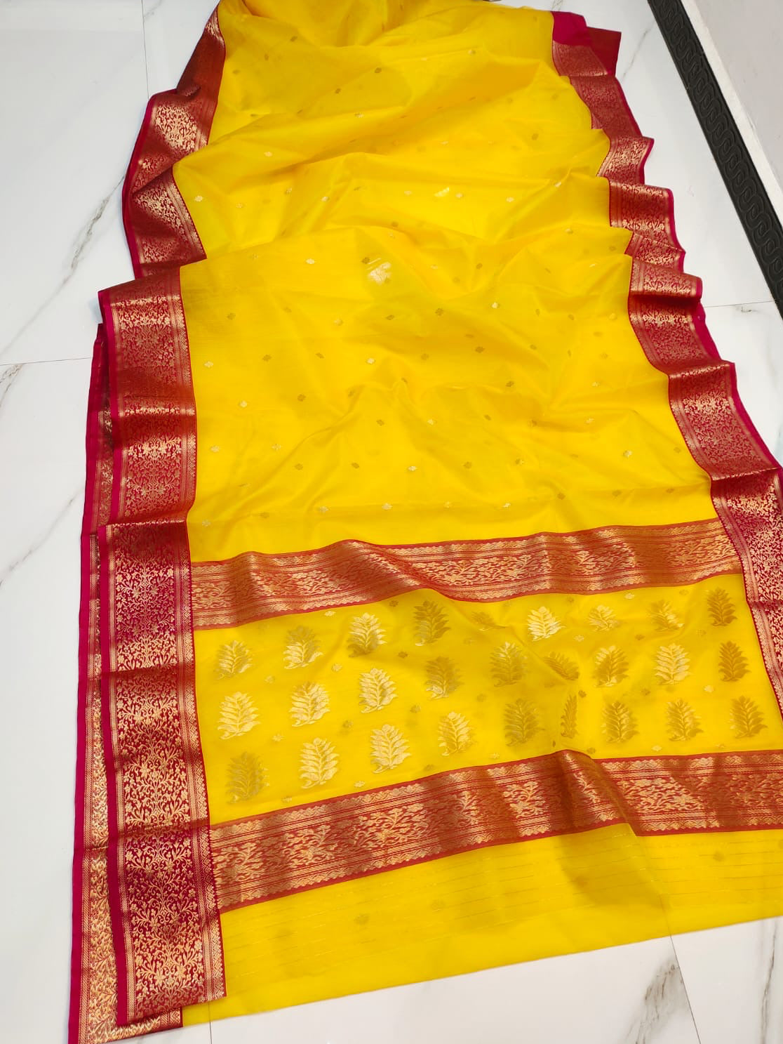 Turmeric Yellow and Red Gold Katan Silk Chanderi handloom saree — border closeup