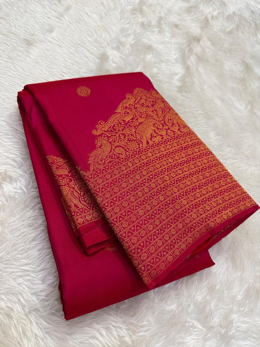 kanchipuram silk saree raspberry red pink with gold border folded view