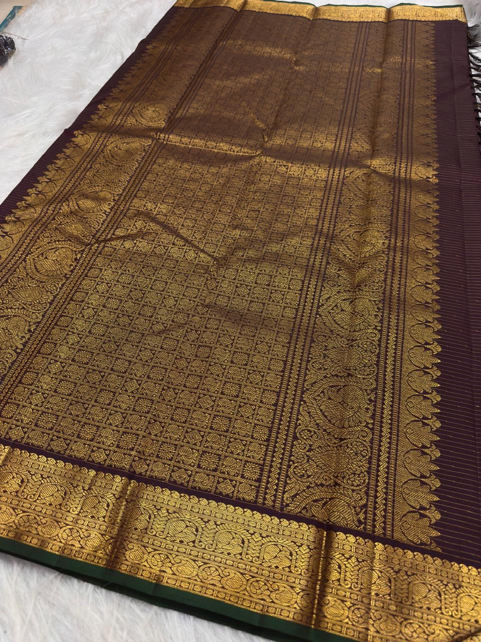 Deep Paaku Brown Handwoven Pure Silk Kanchipuram Vairaoosi Saree with Deer and Maanga Motifs