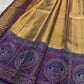 Antique gold handwoven pure silk Banarasi-Kanchipuram fusion saree with Kathiripoo purple, gold zari latticework and elephant medallions