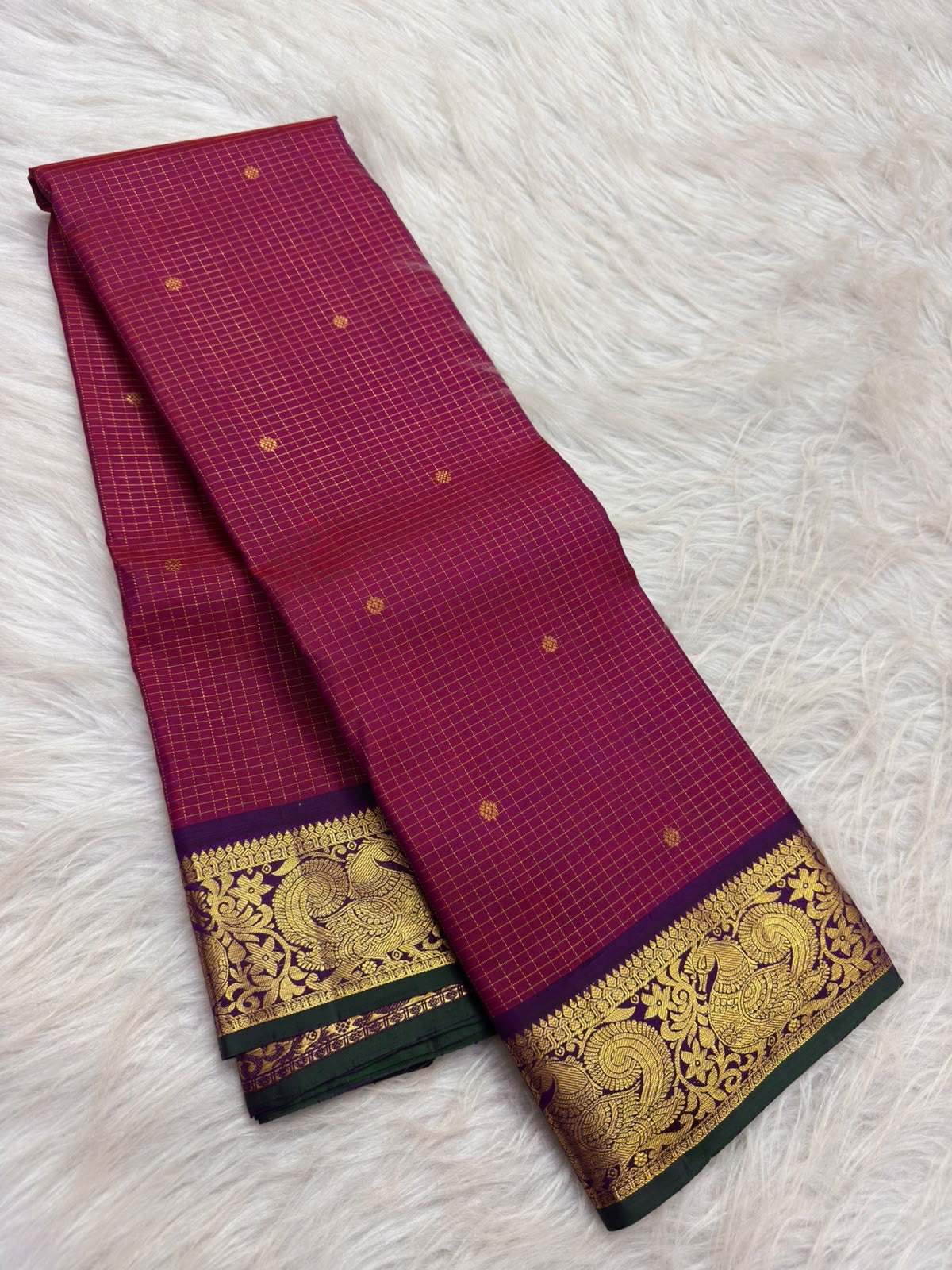 Raspberry red handwoven pure silk Kanchipuram Zari Kattam saree with delicate gold zari checks and petite floral buttas, full view