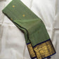 Green pure silk Kanchipuram saree, ornamental pallu full view with thulir-pachai fresh-leaf green with neelam-blue contrast