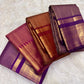 Idam Living handwoven Kanchipuram zari kattam silk sarees in purple, aubergine and arakku red, showing body, border and gold zari pallu