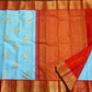 Pichwai Kanchipattu silk saree in sky blue with ornamental antique zari border close view