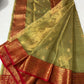 Olive Green and Copper Red Gold Tissue Katan Silk Chanderi handloom saree — full length view