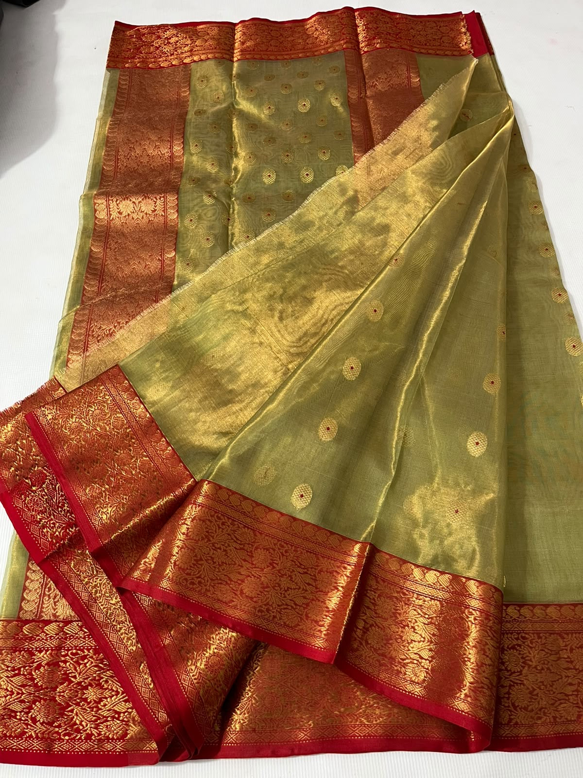 Olive Green and Copper Red Gold Tissue Katan Silk Chanderi handloom saree — full length view