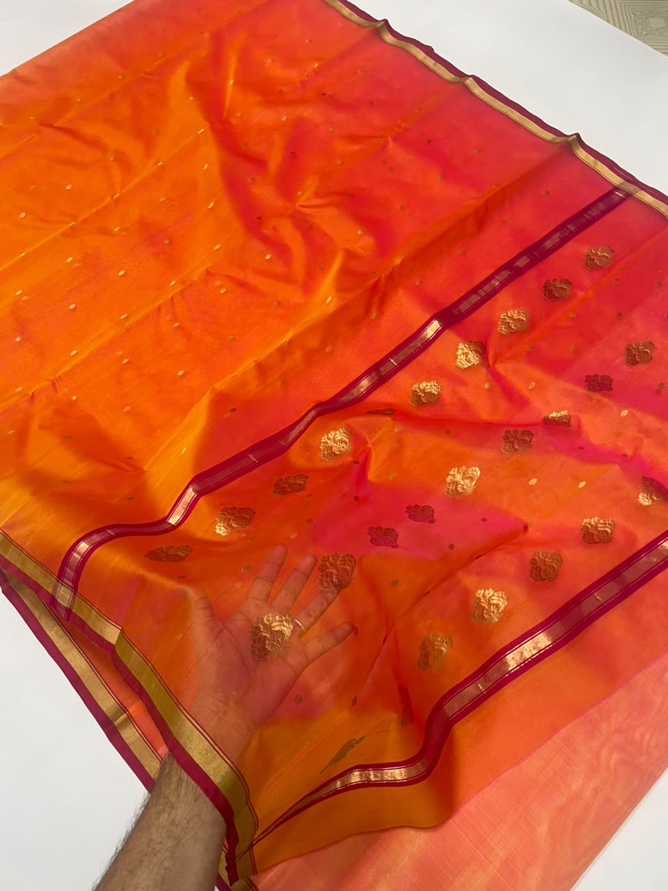 Sunset Orange and Pink Katan Silk Chanderi handloom saree — full saree