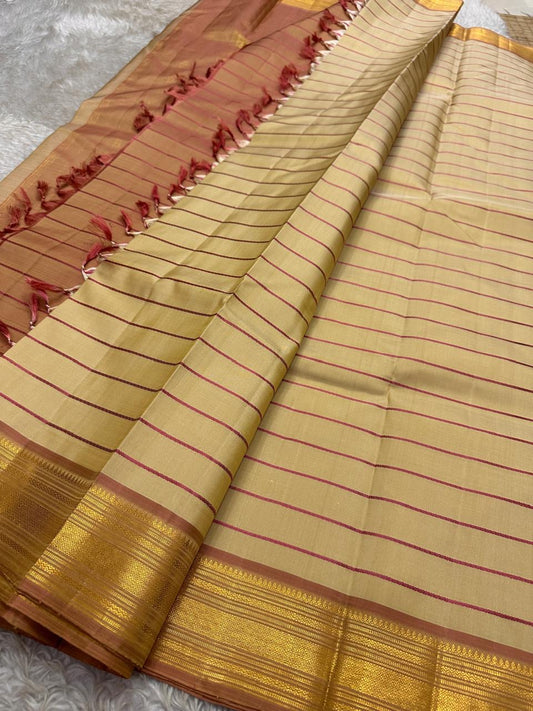 Pale Sandalwood Gold and Dusty Rose Butta handwoven pure silk Kanchipuram saree, view 2 | Idam Living