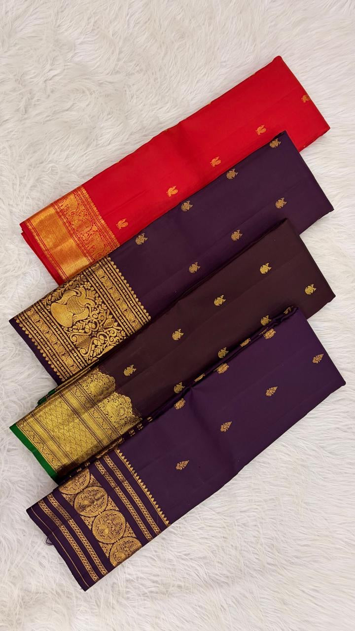 Kumkum Red Handwoven Pure Silk Kanjivaram Saree with Mayil Zari Buttas and Elephant Peacock Zari Border