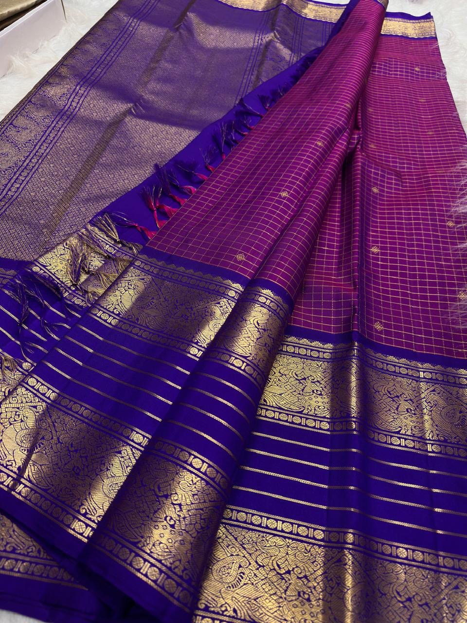 Kathiripoo Purple and Royal Blue vintage pure silk Kanchipuram Varisaipet saree, grand zari pallu, handwoven zari and ornate border
