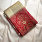 Sandalwood ivory handwoven pure silk Banarasi-Kanchipuram fusion saree with champagne-gold zari and vermilion-red floral urn and bird border