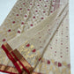 Ivory Pink Floral Silver Border Pattu Silk Chanderi saree, draped view
