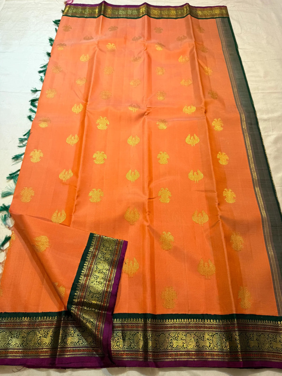 Kanjivaram saree with Gandaberunda and Patchi-in-Flight antique gold zari buttas