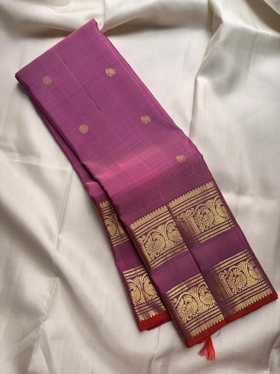 Rose pink purple handwoven pure silk Kanchipuram Rettapet saree with petite elephant buttas and twin peacock zari border, full view