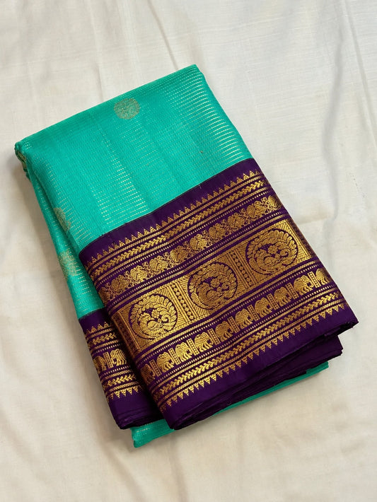 Aqua Vairaoosi pure silk Kanchipuram saree with gold buttas and purple Kai Korvai Varisaipet border, Idam Living (photo 2 of 5)
