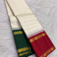 Ivory Gold Veldhari Korvai Kanjivaram silk saree with arakku red and green Ganga Jamuna border, worn for a temple procession.