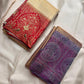 Antique gold handwoven pure silk Banarasi-Kanchipuram fusion saree with Kathiripoo purple, gold zari latticework and elephant medallions