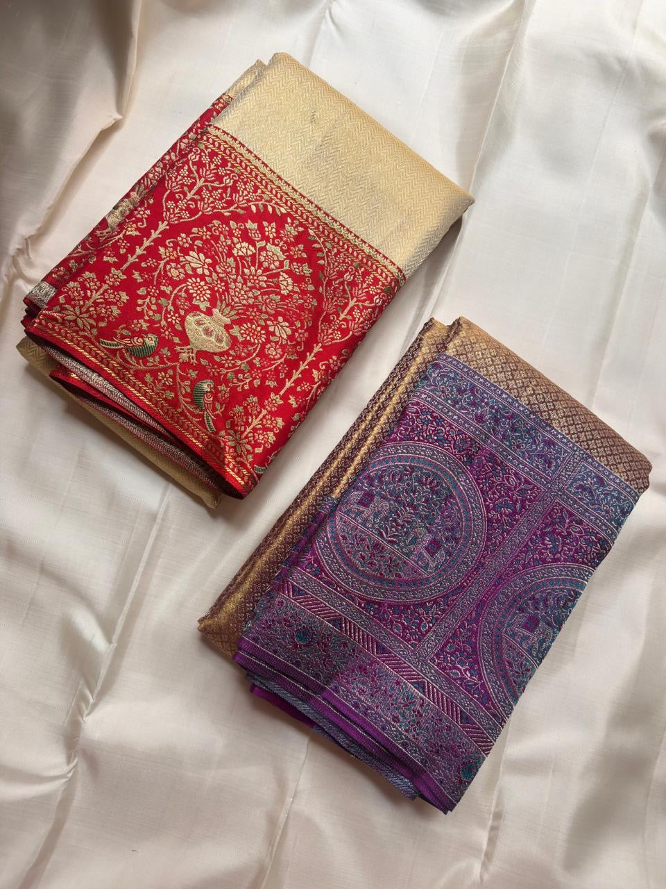Antique gold handwoven pure silk Banarasi-Kanchipuram fusion saree with Kathiripoo purple, gold zari latticework and elephant medallions
