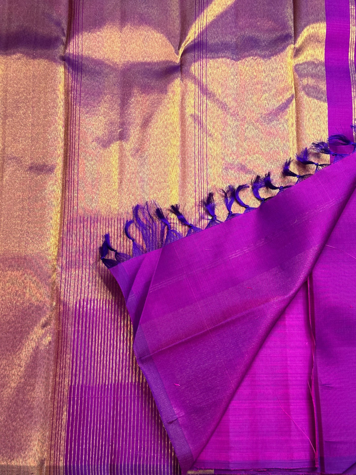 Kathiripoo violet handwoven pure silk Kancheepuram Ettukol saree with gold zari temple border, photo 1 of 5