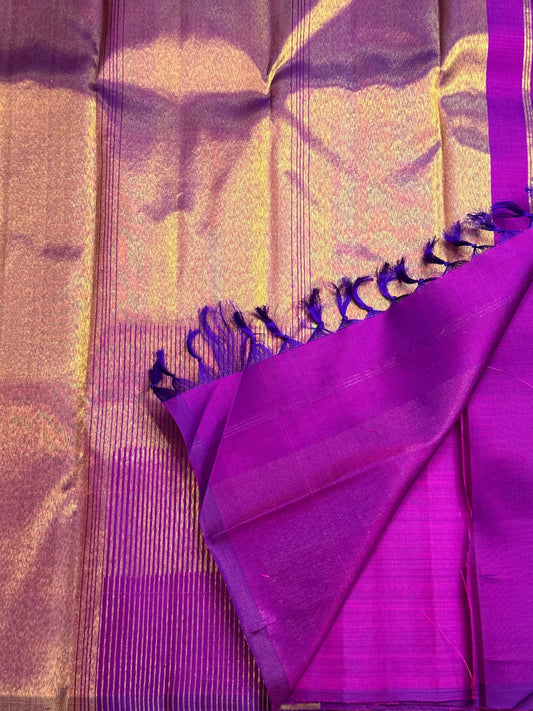 Kathiripoo violet handwoven pure silk Kancheepuram Ettukol saree with gold zari temple border, photo 1 of 5