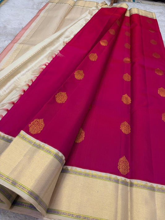 Raspberry Magenta and Warm Ivory Gold Butta handwoven pure silk Kanchipuram saree, view 2 | Idam Living