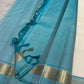 Warm Ivory and Firozi Blue Simple Kanchipuram silk saree, detail view