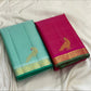 Full view of seafoam turquoise Vairaoosi Kanchipuram pure silk saree with gold zari peacock buttas