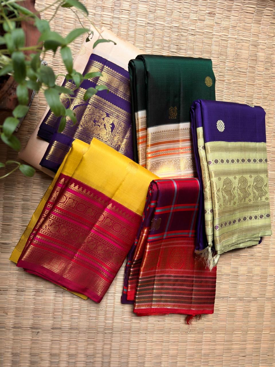 Selection of handwoven Pure Kanchipuram Silk sarees from Idam Living's new arrivals