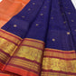 Close-up of the Deep Oodha blue Kanchipuram Zari Kattam silk saree pallu during a temple kumkumarchana