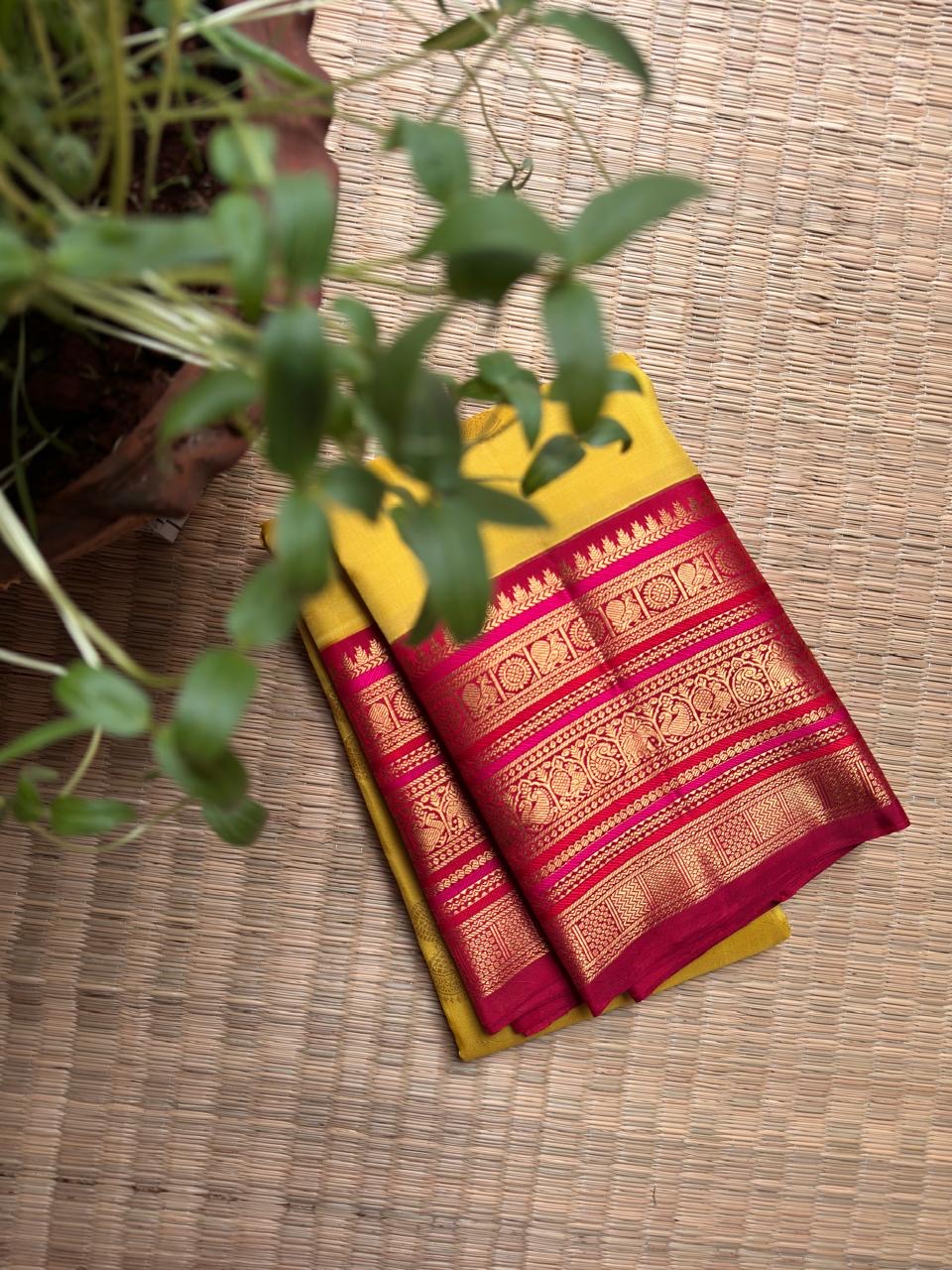Turmeric Yellow & Arakku Red Pure Kanchipuram Silk Varisaipet saree, additional view