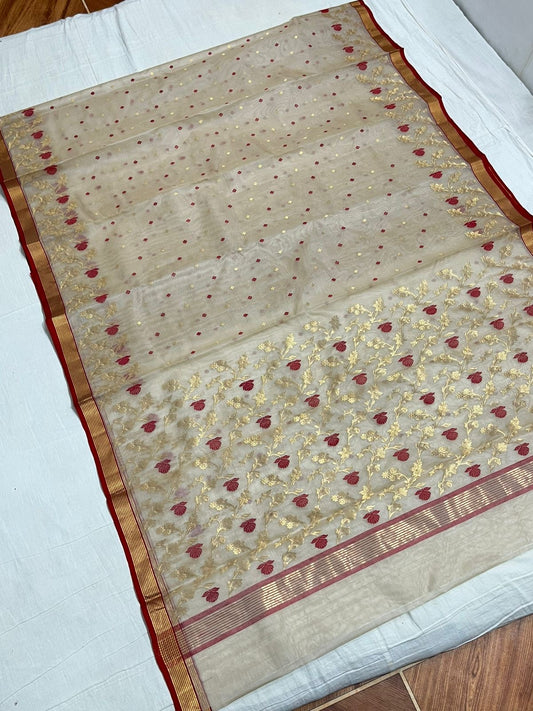 Ivory Pink Floral Silver Border Pattu Silk Chanderi saree, full length view