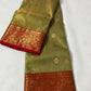 Olive Green and Copper Red Gold Tissue Katan Silk Chanderi handloom saree — drape detail