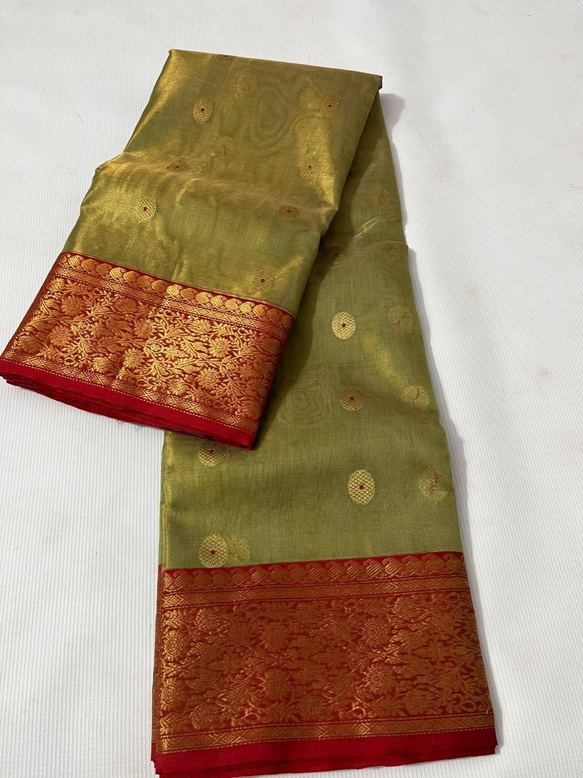 Olive Green and Copper Red Gold Tissue Katan Silk Chanderi handloom saree — drape detail