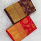 Vermilion red handwoven pure silk Kanchipuram saree with gold zari Banarasi-inspired floral jaal and yazhi border