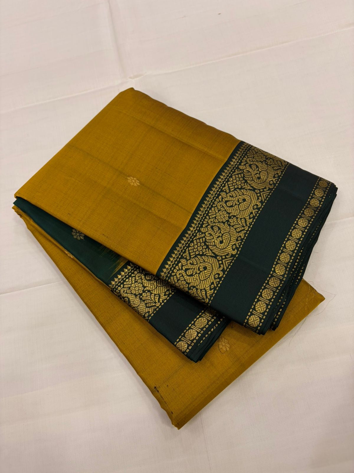 Antique Gold and Forest Green Handwoven Pure Silk Kanjivaram Saree with Mayil Butta Border