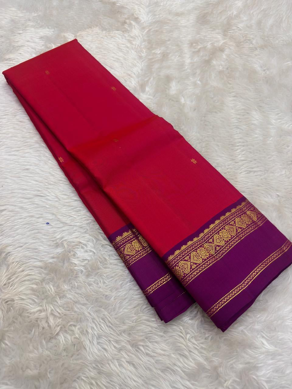 Raspberry Red and Purple Handwoven Pure Silk Kanjivaram Saree with Korvai Border