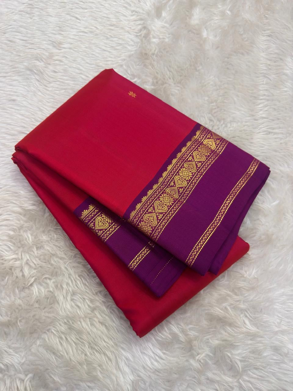 Raspberry Red and Purple Handwoven Pure Silk Kanjivaram Saree with Korvai Border