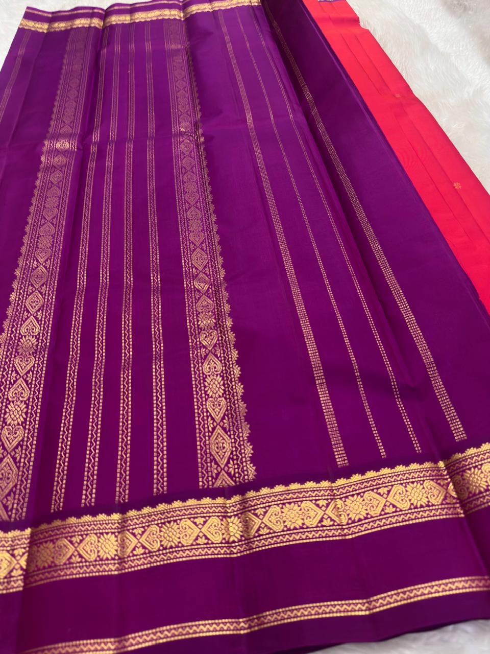 Raspberry Red and Purple Handwoven Pure Silk Kanjivaram Saree with Korvai Border