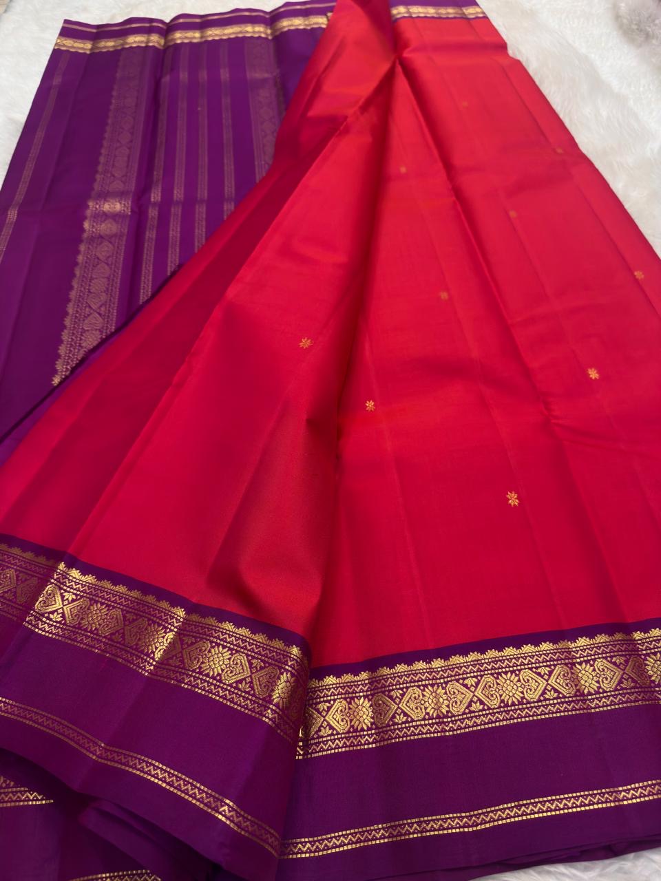 Raspberry Red and Purple Handwoven Pure Silk Kanjivaram Saree with Korvai Border