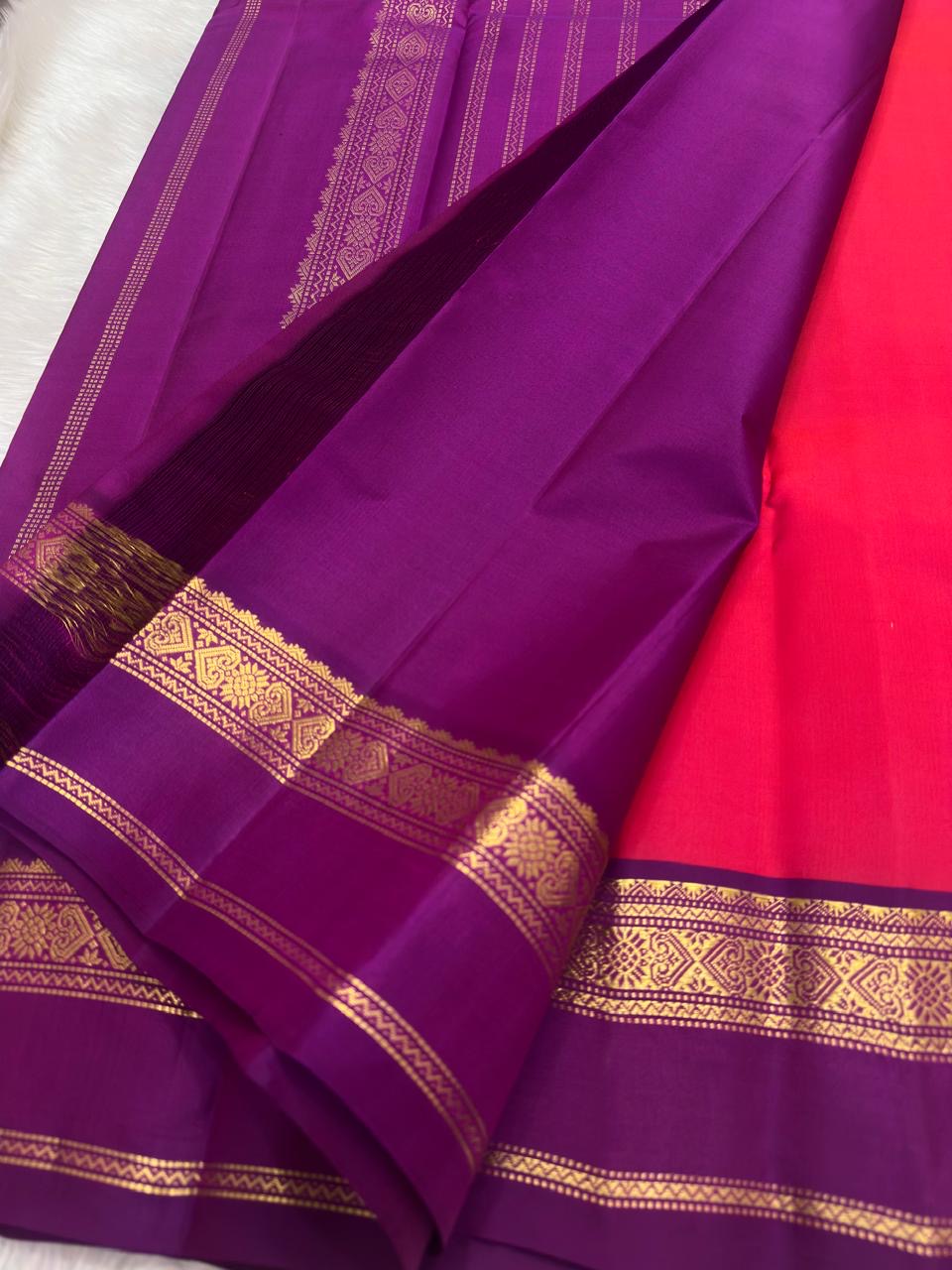 Raspberry Red and Purple Handwoven Pure Silk Kanjivaram Saree with Korvai Border