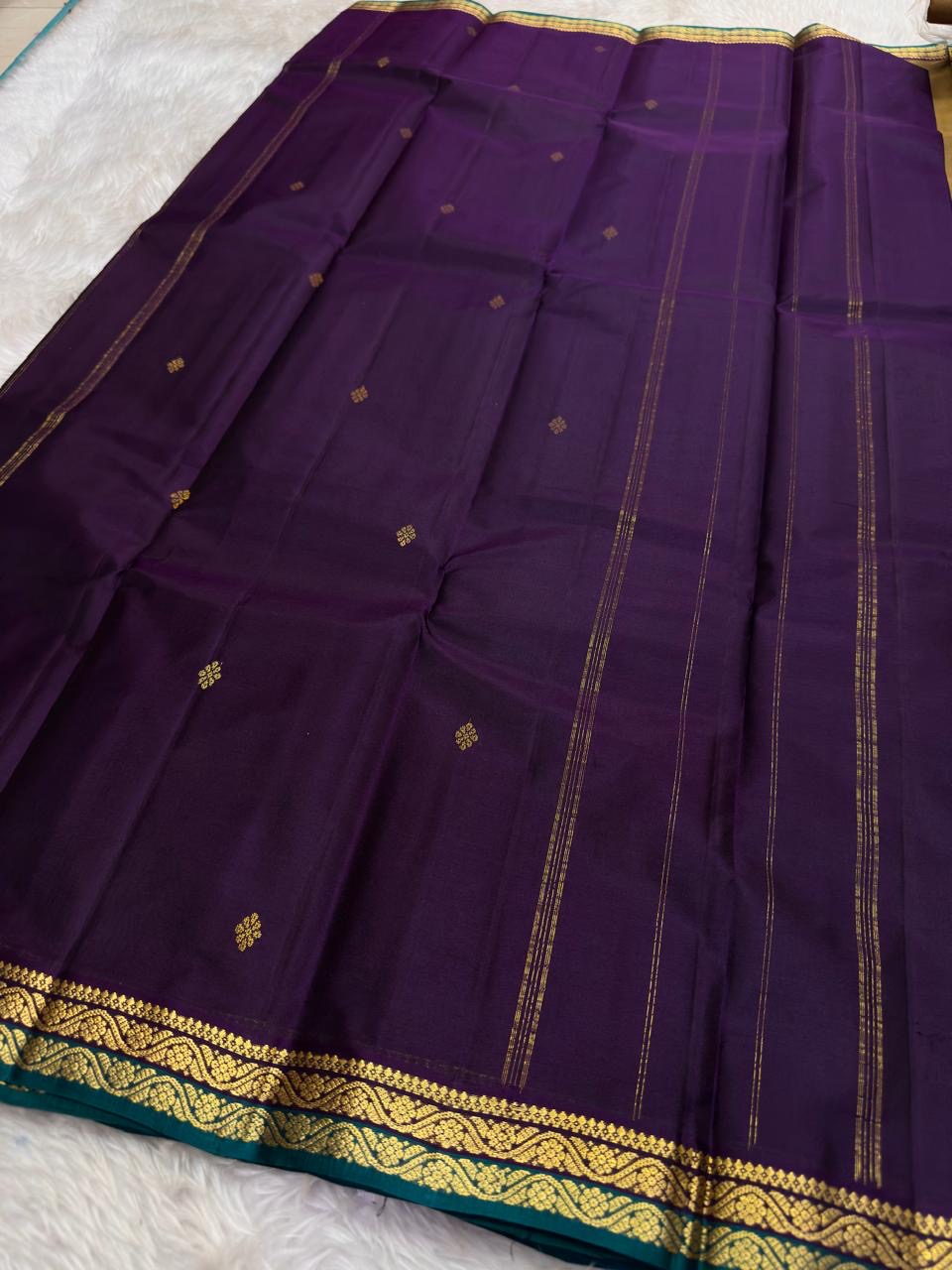 Bronze and Teal Handwoven Pure Silk Kanjivaram Saree with Purple and Teal Border
