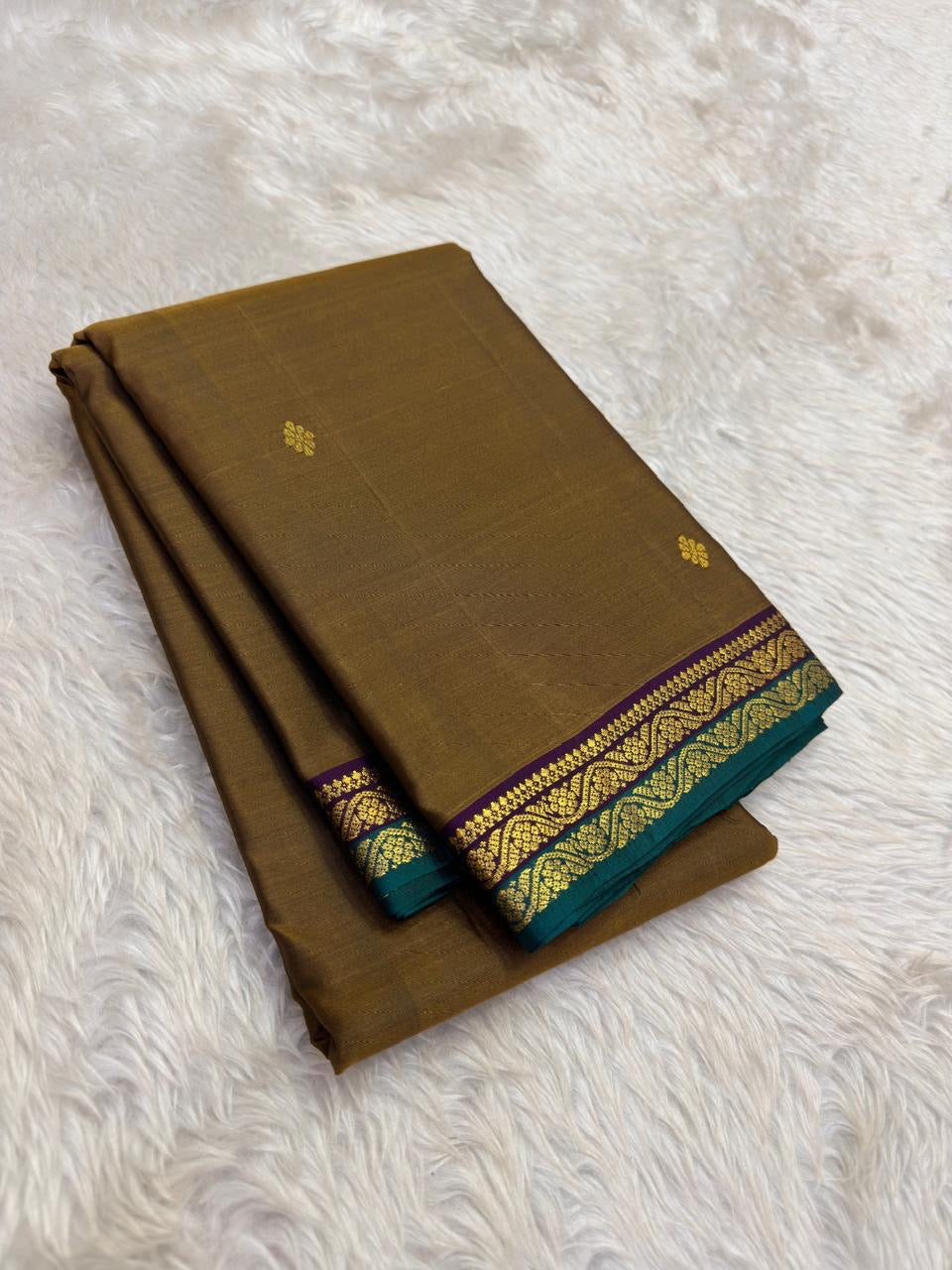 Bronze and Teal Handwoven Pure Silk Kanjivaram Saree with Purple and Teal Border