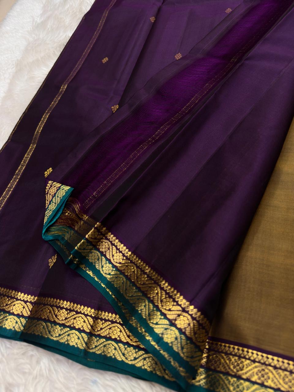 Bronze and Teal Handwoven Pure Silk Kanjivaram Saree with Purple and Teal Border