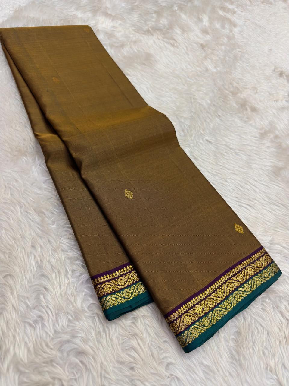 Bronze and Teal Handwoven Pure Silk Kanjivaram Saree with Purple and Teal Border