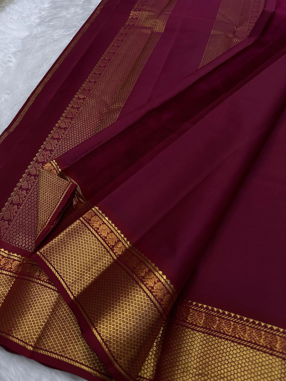Deep Burgundy Handwoven Pure Silk Kanjivaram Saree with Gold Zari Varisaipet Border