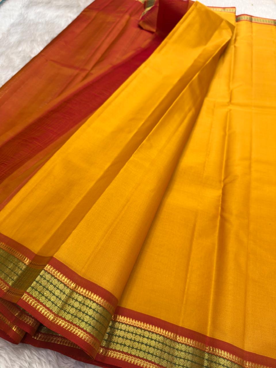 Canary Yellow and Rust Handwoven Pure Silk Kanjivaram Saree with Varisaipet Border