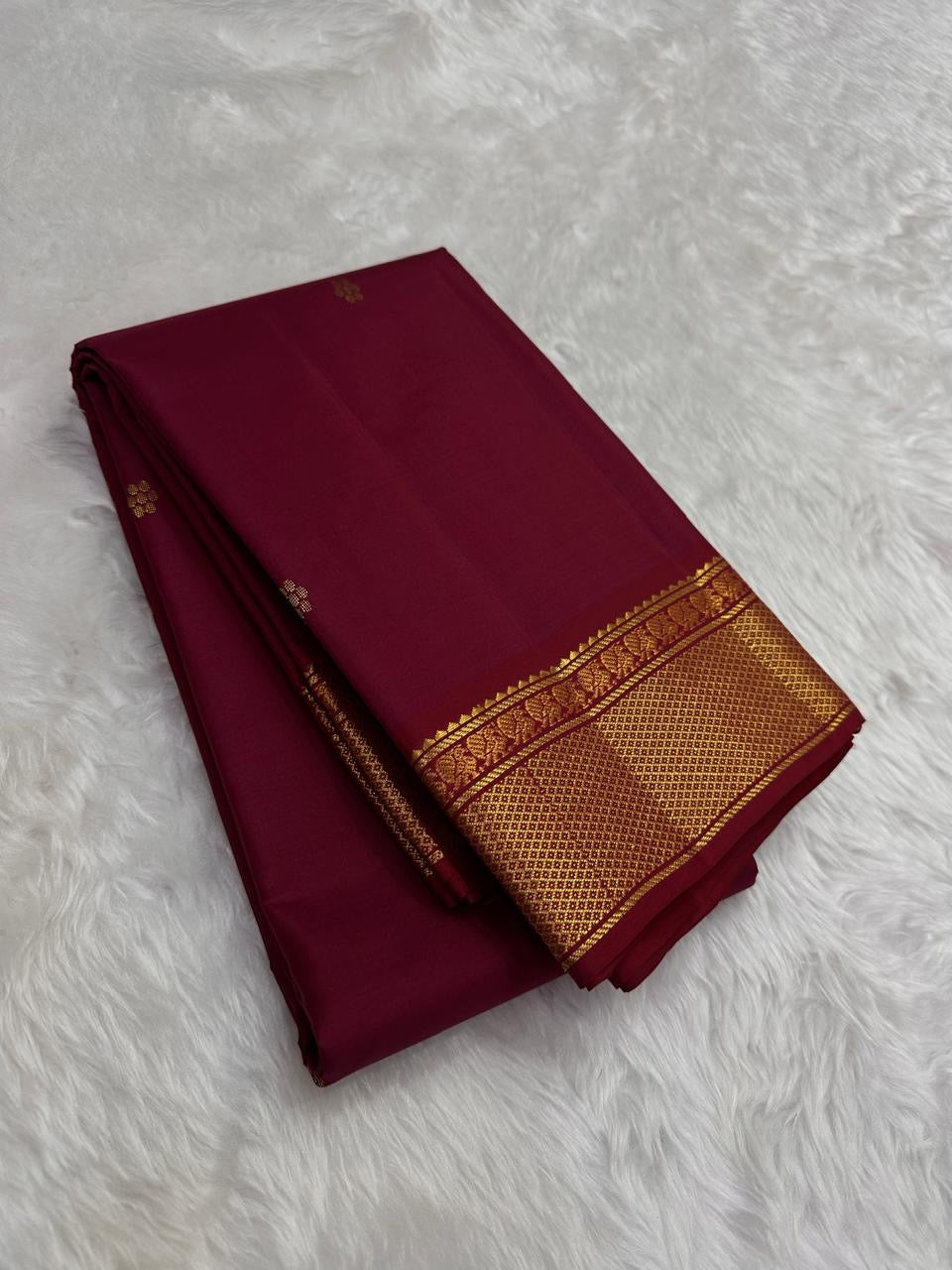 Deep Burgundy Handwoven Pure Silk Kanjivaram Saree with Gold Zari Varisaipet Border
